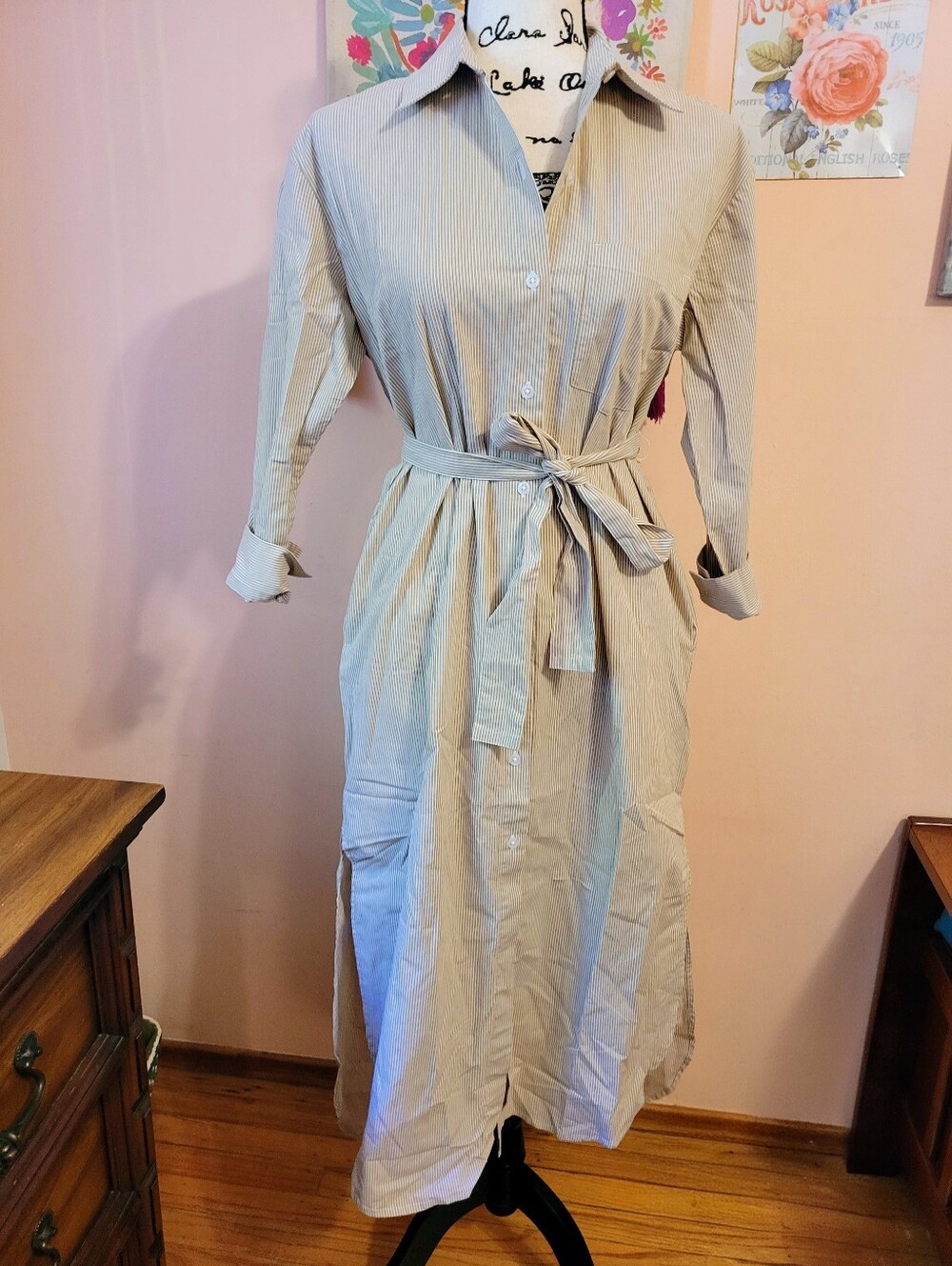 NWT Banana Republic Cream Striped Shirt Dress with Waist Tie, Pockets, SP